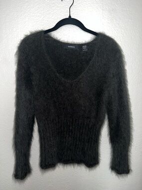 Express Women's Black Fuzzy Scoop Neck Sweater